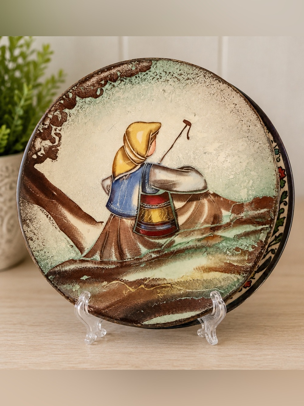 Vintage Hand-Painted Folk Art Metal Wall Plaque / Tray – Woman Carrying Buckets